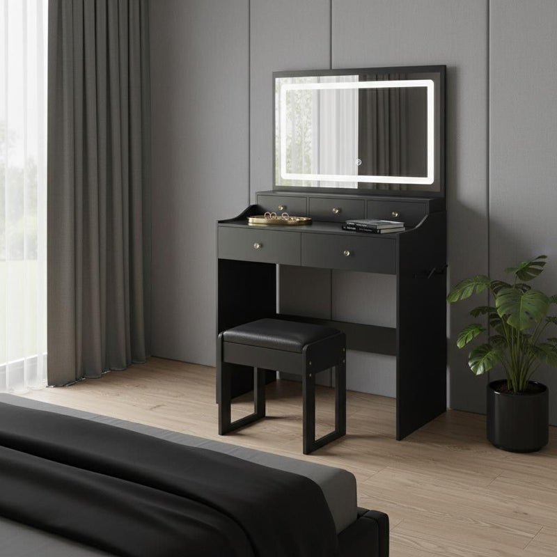 30" Wood Lighted Vanity Five Drawer Dresser - Black