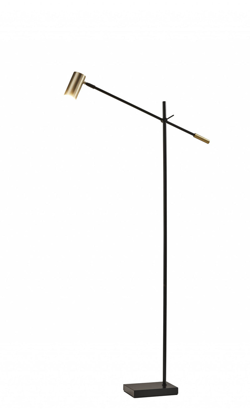 Adjustable LED Task Floor Lamp With Antiqued Brass Cylinder Shade - Black