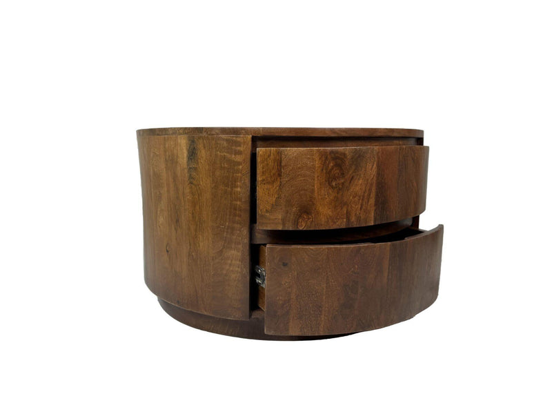 Round Drum Coffee Table With Two Drawers - Chestnut