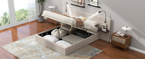 Full Size Storage Upholstered Hydraulic Platform Bed with 2 Shelves, 2 Lights and USB, Beige