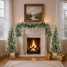 Load image into Gallery viewer, Artificial Christmas 3 Piece Set Wreath And 2 Entrance Trees With LED Lights - White / Green
