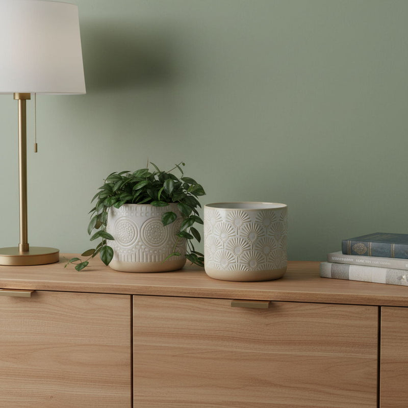 Porcelain Geometric Round Pot Planters (Set of 2) - Beige / White