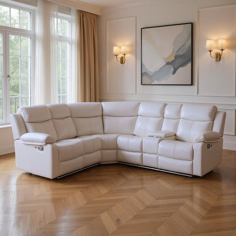 Faux Leather Reclining Curved Six Piece Sectional With LED Console - Off White