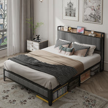 Load image into Gallery viewer, Queen Size Bed Frame with Charging Station, Upholstered Headboard, Metal Platform, Grey
