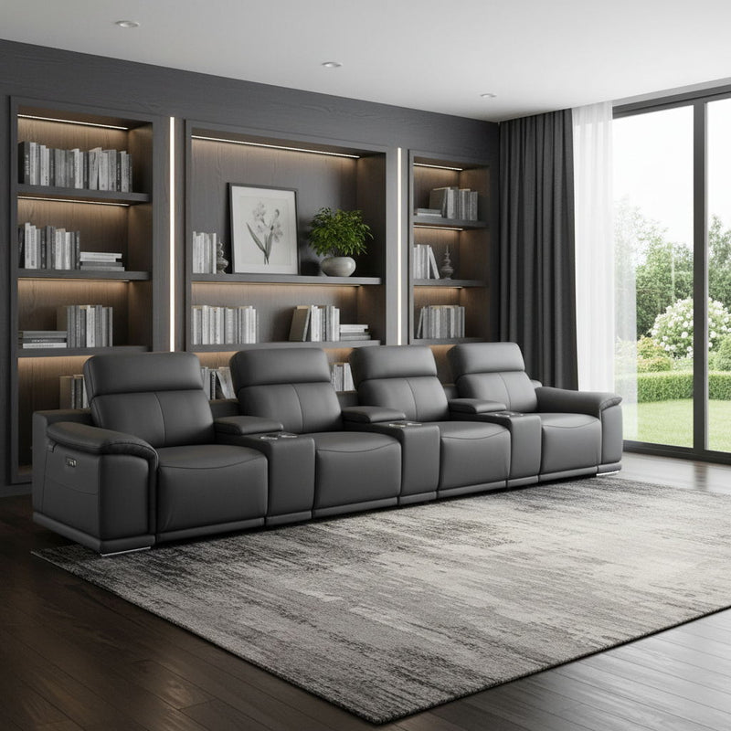 Italian Leather Reclining Metal USB Sofa (720414) - Dark Gray