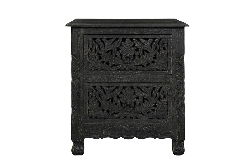 Solid Wood Square Distressed Carved Floral Two Drawer Nightstand (755905) - Black