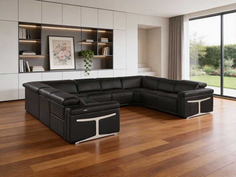 Italian Leather Power Reclining U Shaped Eight Piece Corner Sectional With Console - Black