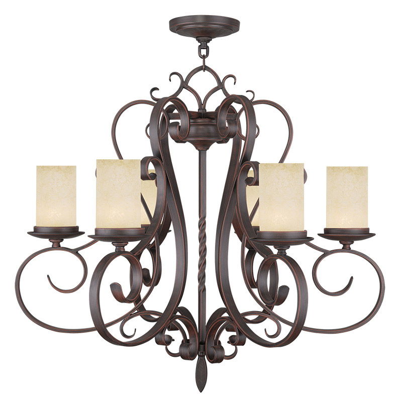 27" Six Light Metal Dimmable Chandelier With Shades - Bronze / Cream