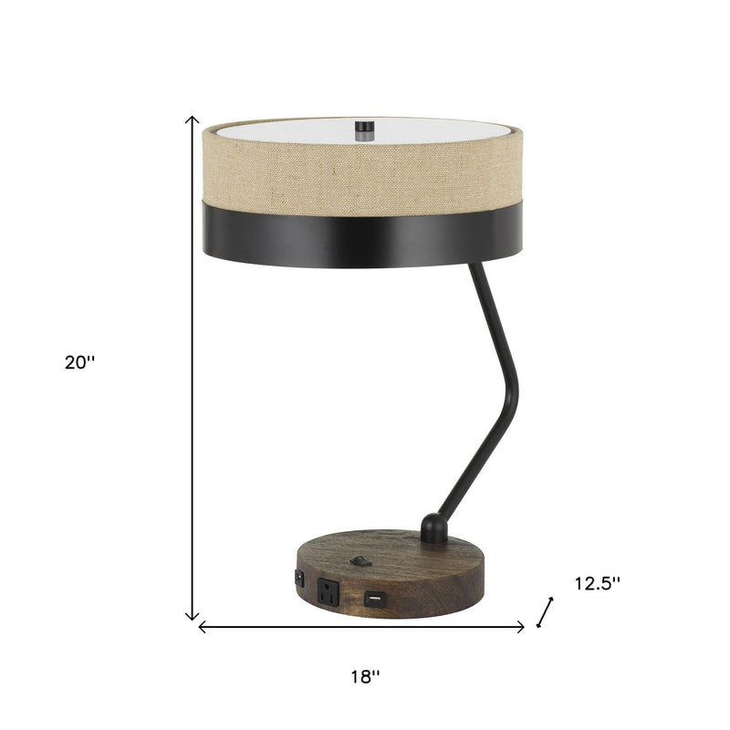 Metal Two Light Desk USB Table Lamp With Beige Drum Shade - Black / Brown