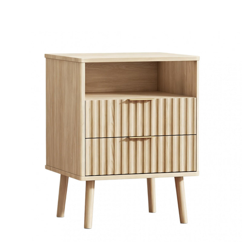 Wood Ribbed Texture Two Drawer Nightstand - Natural