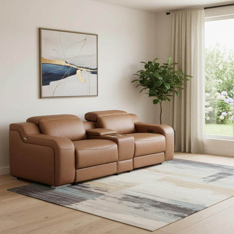 Italian Leather Power Reclining Loveseat With Storage (633759) - Cognac / Silver