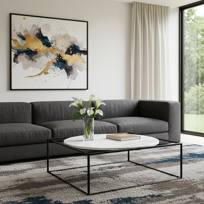 36" Genuine Marble And Metal Square Coffee Table - White And Black