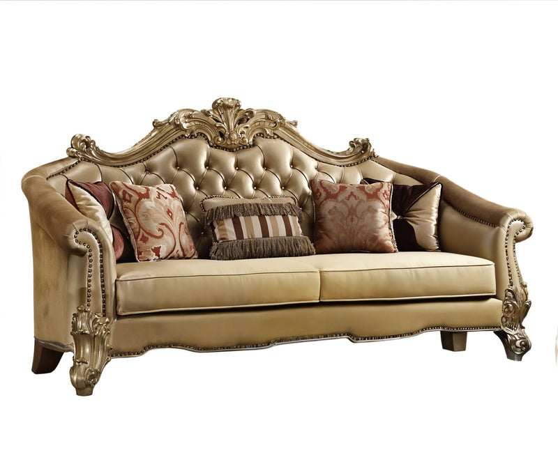 Faux Leather And Gold Sofa With Five Toss Pillows - Bone