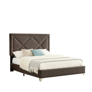 B109 Queen bed .Beautiful brass studs adorn the headboard, strong wooden slats + metal legs with Electroplate