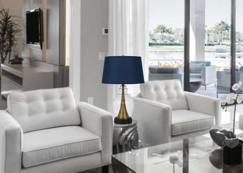 Glass Table Lamp With Navy Blue Empire Shade - Antiqued Brass
