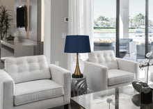 Load image into Gallery viewer, Glass Table Lamp With Navy Blue Empire Shade - Antiqued Brass
