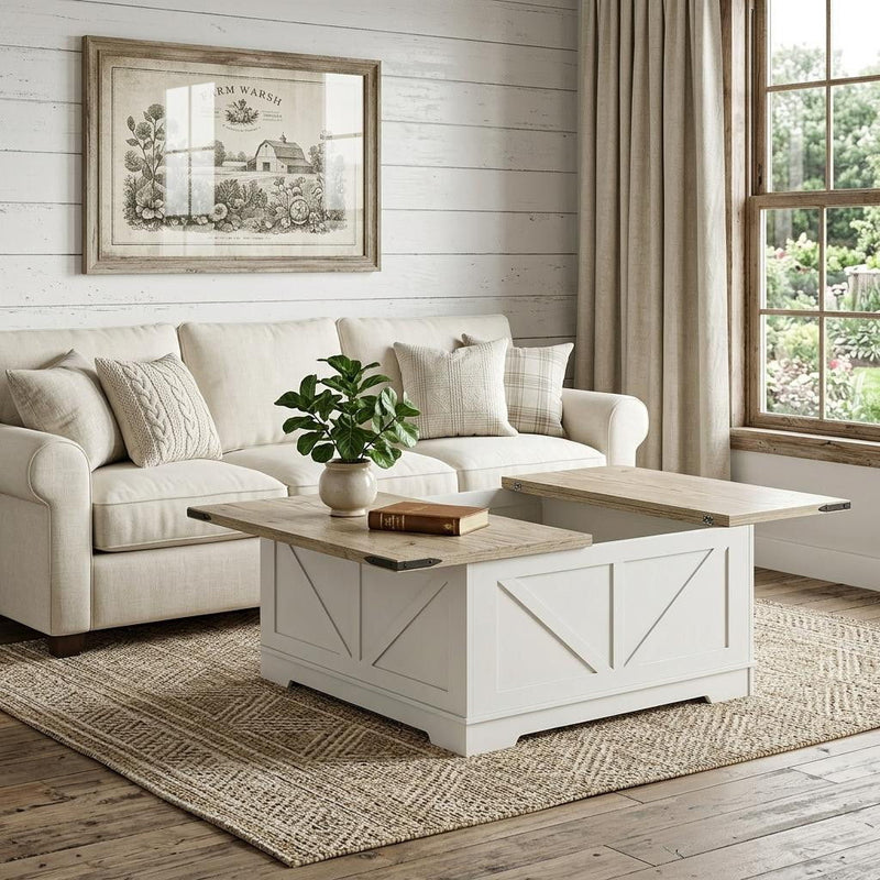 Lift Top Trunk Coffee Table With Two Shelves - Ash Gray / White