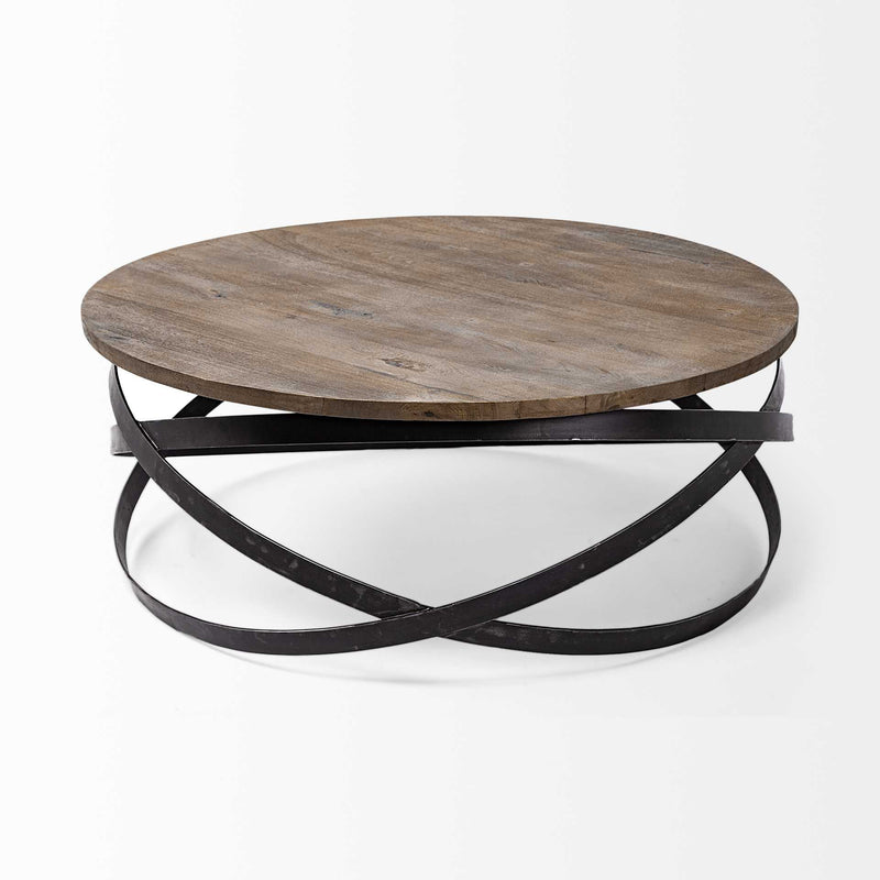 41" Solid Wood And Metal Round Coffee Table - Brown And Black