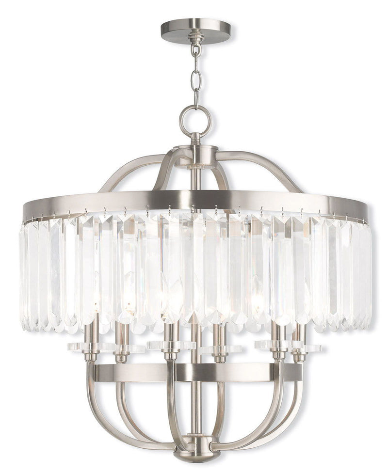 25" Six Light Metal Dimmable Chandelier With Shades - Nickel / Clear