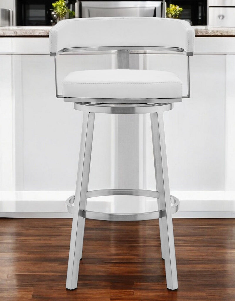 Faux Leather And Stainless Steel Low Back Counter Height Swivel Bar Chair - White And Silver