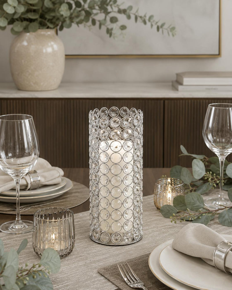 Crystal And Metal Cylinder Table Vase With Faux Crystals - Clear And Silver