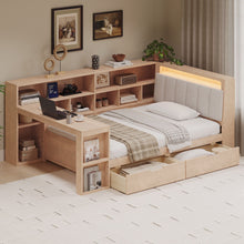 Load image into Gallery viewer, L Shaped Daybed With Desk, Bookcase, Upholstered Headboard, Drawers, And LED Light
