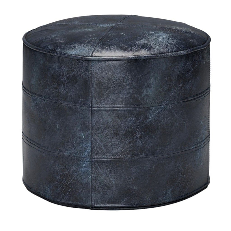 Leather Round Pouf Ottoman - Blue