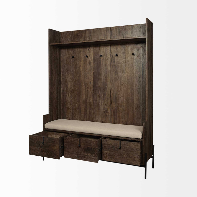 Wood, Fabric Wrapped Seat Hall Tree With Storage - Brown