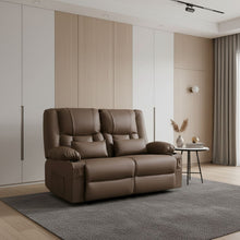 Load image into Gallery viewer, Faux Leather Manual Reclining Loveseat With Storage Toss Pillows - Brown

