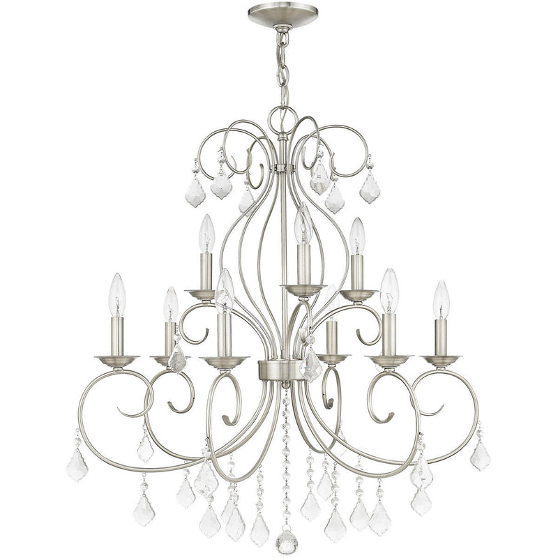 Nine Light Metal Dimmable Chandelier With Shades - Nickel / Clear