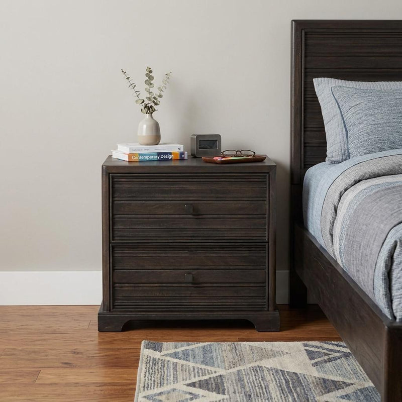 Solid Wood Distressed Carved Geometric Two Drawer Nightstand - Umber