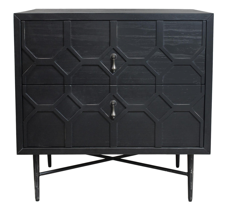 Iron And Solid Wood Distressed Carved Geometric Two Drawer Nightstand - Black