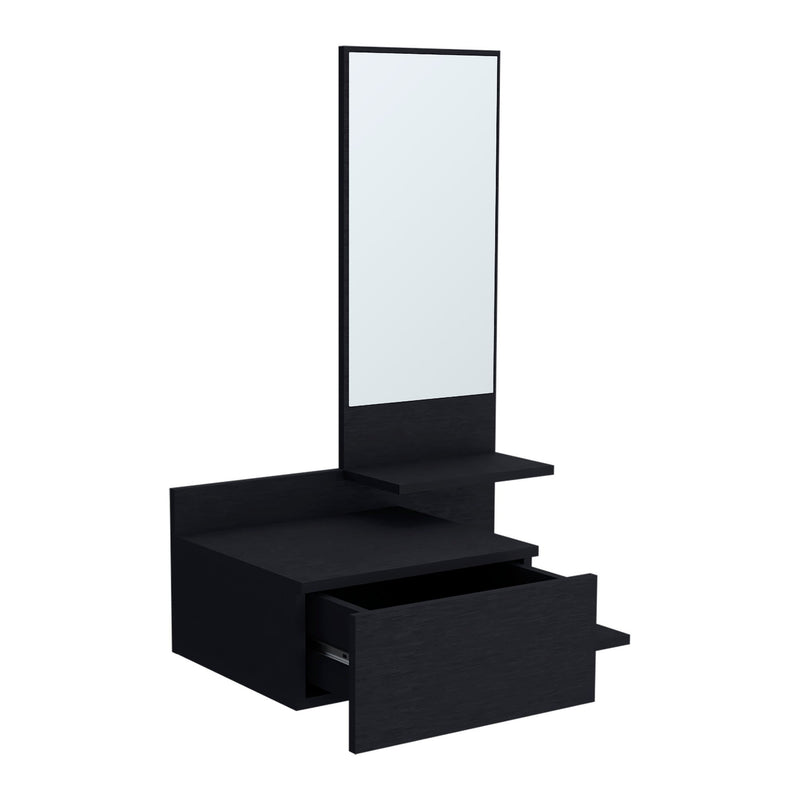 36" Wood Wall Mounted Accent Cabinet With Drawer And Mirror - Black And Silver