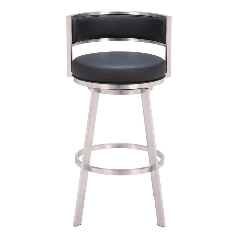 Faux Leather And Stainless Steel Low Back Bar Height Swivel Bar Chair - Black And Silver