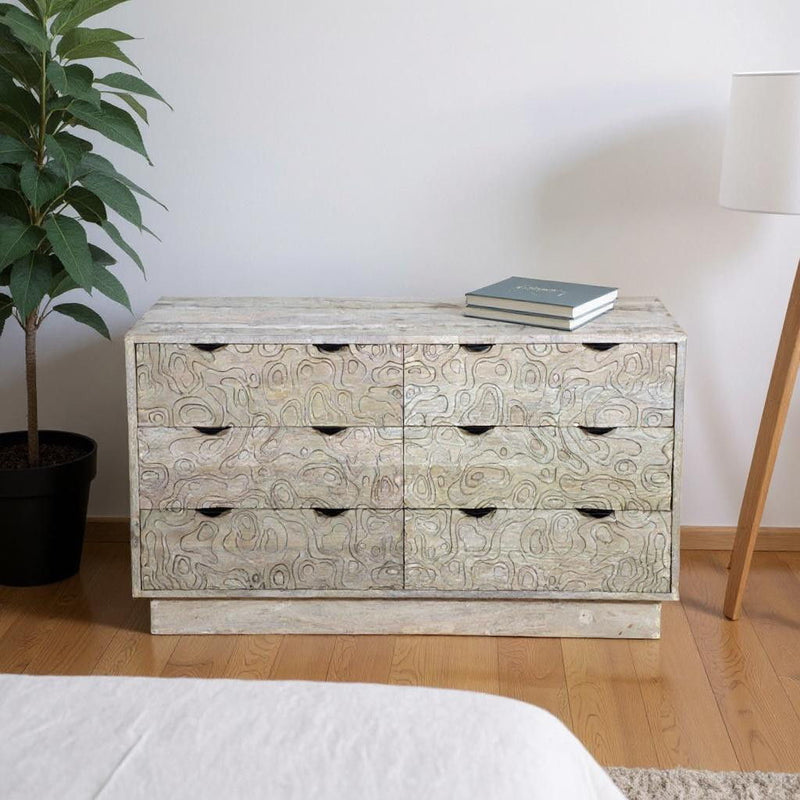 57" Carved Geometric Solid Wood Six Drawer Dresser - White