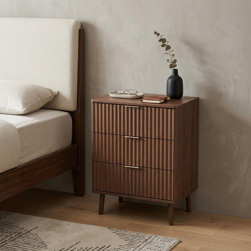 Wood Ribbed Texture Three Drawer Nightstand With USB - Brown