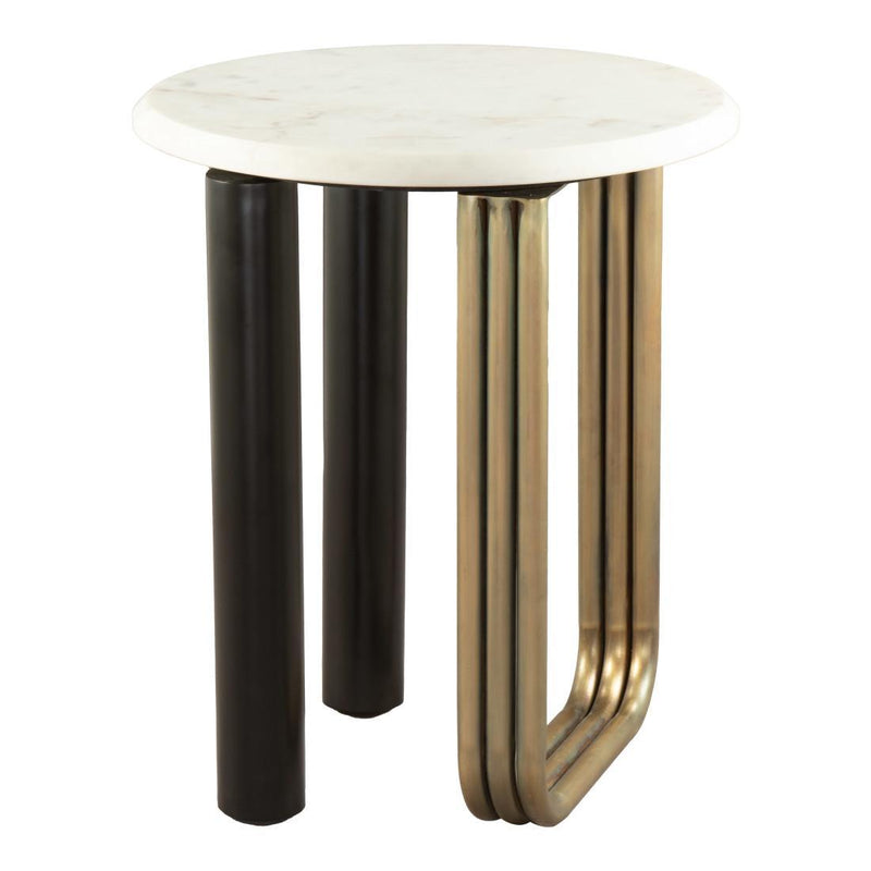 Marble And Iron Round Sled End Table - White Black And Gold