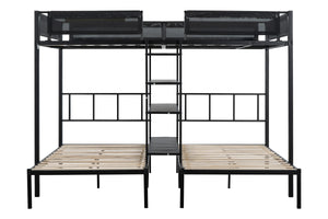 Metal Full over Twin Beds with Shelves/ Sturdy Metal Frame/ Noise-Free Wood Slats/ Comfortable Textilene Guardrail/ Bunk Bed for Three/ Built-in 3-Tier Shelves/ No Box Spring Needed