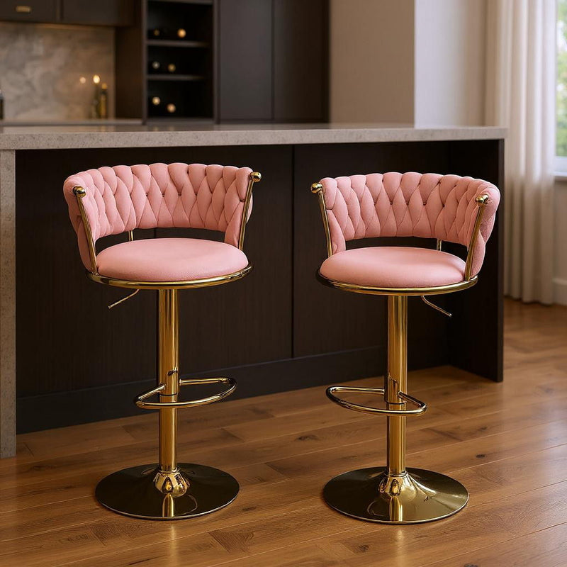 Velvet Metal Low Back Adjustable Height Swivel Bar Chairs (Set of 2) - Pink / Gold