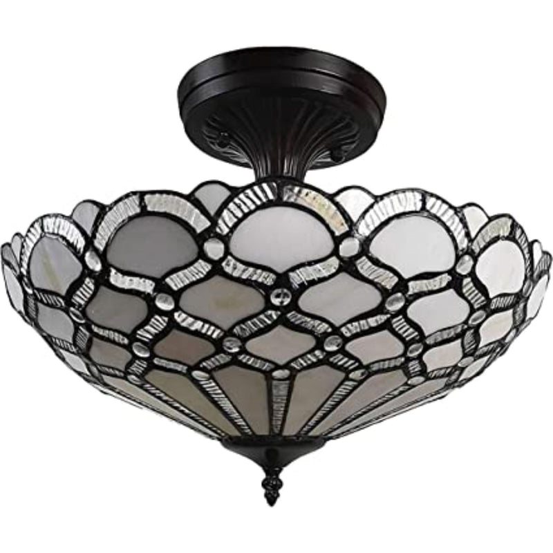 Two Light Tiffany Style Semi Flush Dimmable Ceiling LIght - Black / Gray