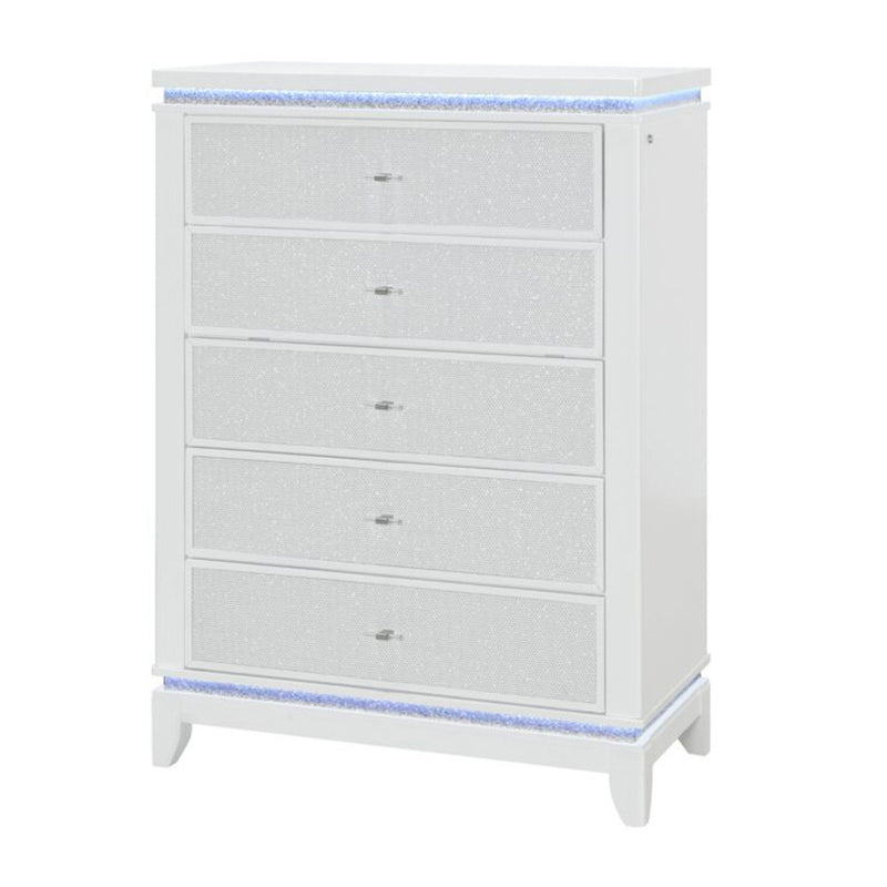 36" Faux Crystal Glitter Wood Lighted Five Drawer Dresser - White