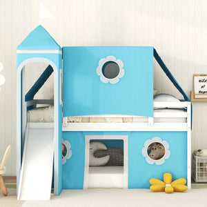 Twin Size Bunk Bed with Slide Blue Tent and Tower - Blue