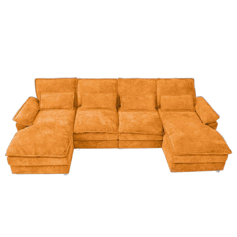 Chenille Modular U Shaped Four Piece Sofa And Chaise Sectional With Console And Toss Pillows - Orange