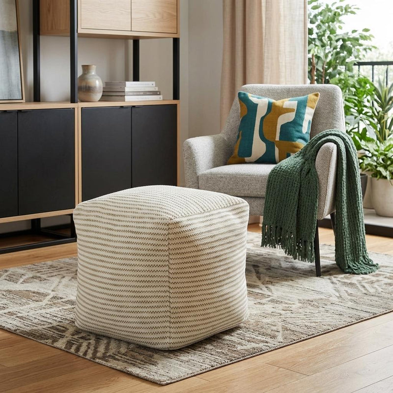 Cotton Blend Striped Cube Pouf Ottoman - Sage Green And Ivory
