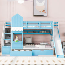 Load image into Gallery viewer, Twin-Over-Twin Castle Style Bunk Bed with 2 Drawers 3 Shelves and Slide - Blue
