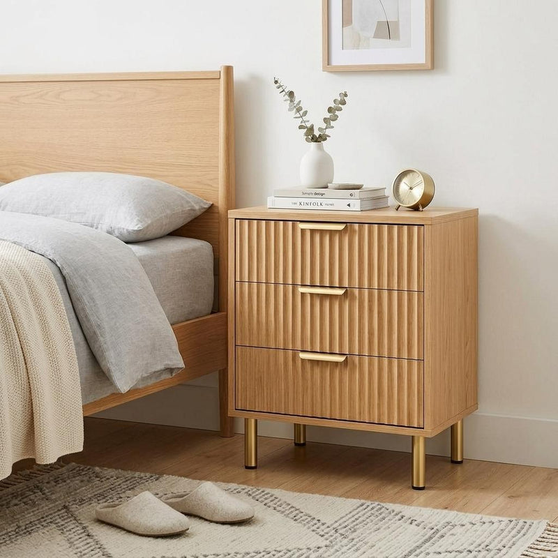 Wood Ribbed Texture Three Drawer Nightstand - Oak