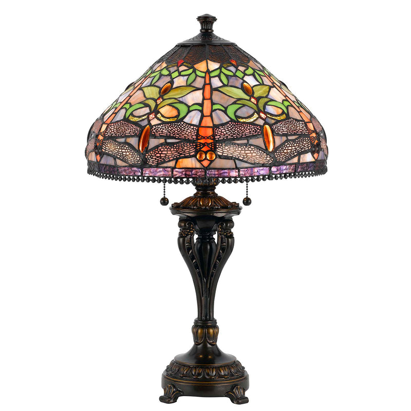 Metal Two Light Table Lamp With Purple Cone Shade - Bronze