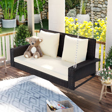 Load image into Gallery viewer, GO 2-Person Wicker Hanging Porch Swing with Chains, Cushion, Pillow, Rattan Swing Bench for Garden, Backyard, Pond. (Brown Wicker, Beige Cushion)
