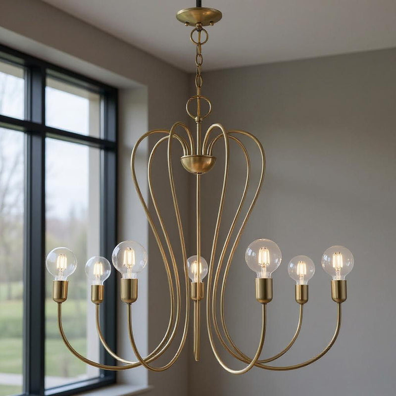 29" Seven Light Dimmable Chandelier With Shades - Antiqued Brass
