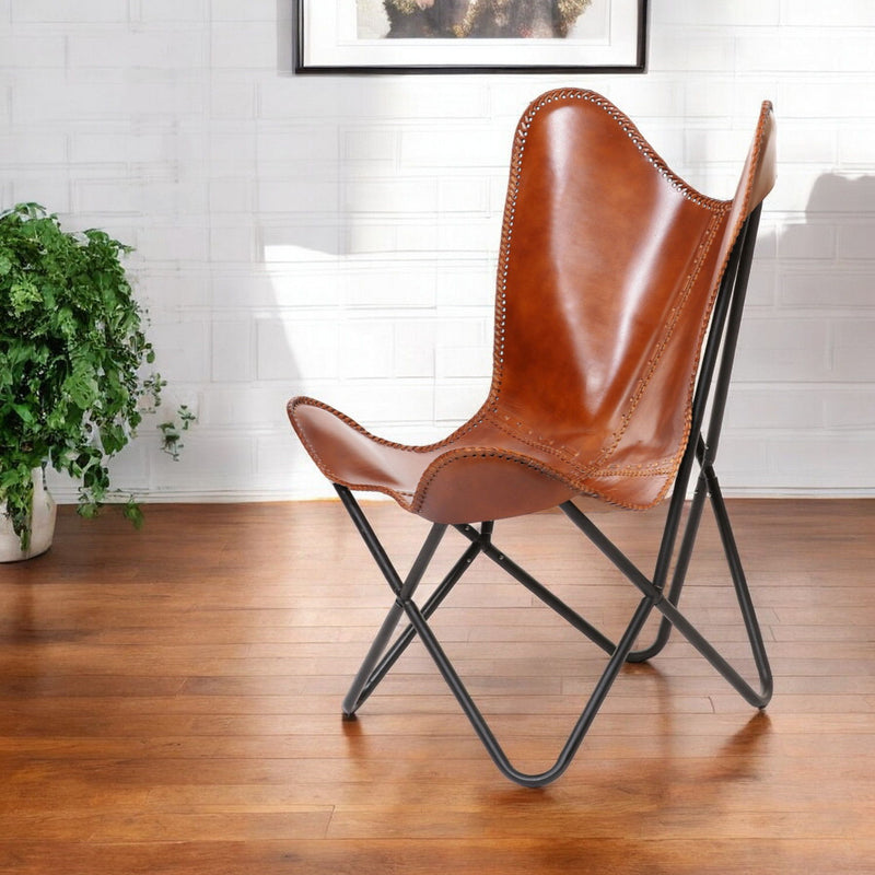 Genuine Leather Butterfly Chair - Brown And Black